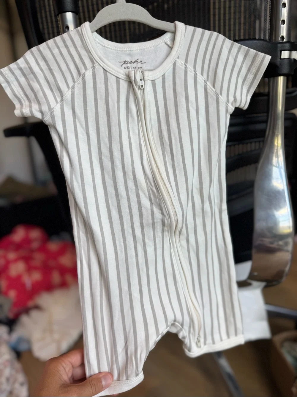 Pehr Short-Sleeve Striped Zip One-Piece in Cream and Taupe